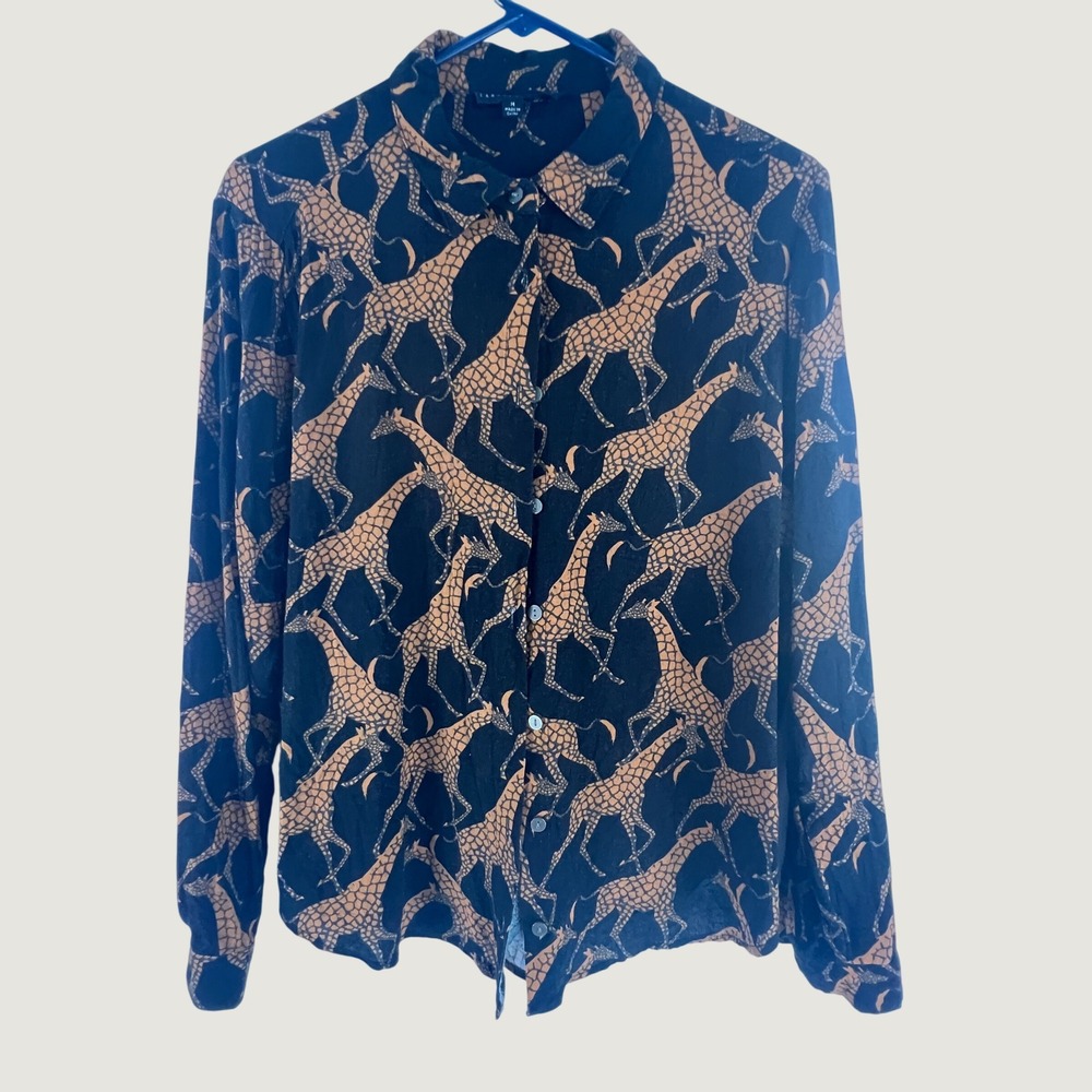Jane + Delancey Womens Medium Black Giraffe Print Rayon Button Down Shirt M